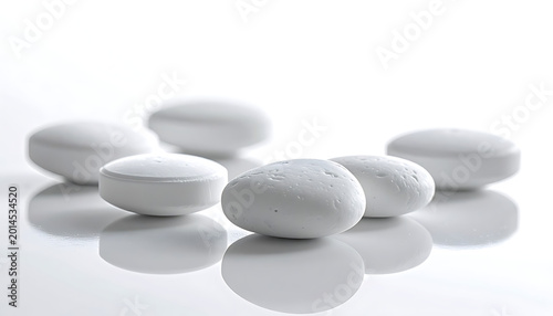 Several white round pills with water droplets arranged in a circle on a reflective white surface, close up view, symbolizing medicine and health
