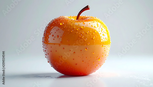 Shiny, glossy orange apple with subtle sparkling glitter details and a brown stem, isolated on a clean white surface, studio lighting