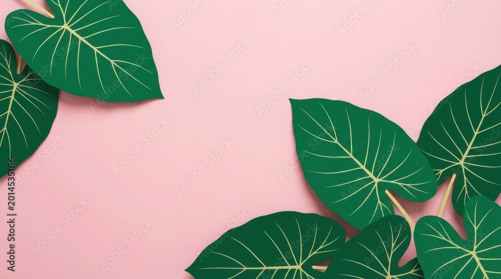 Fototapeta premium Vibrant green leaves on a soft pink background, creating a fresh and natural aesthetic.