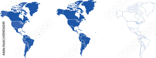 Americas Blue Map Vector Silhouette Set North South Outlines
