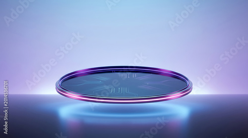Futuristic circular platform with glowing purple and blue lights