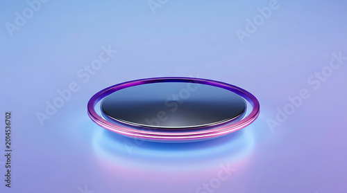 Futuristic circular platform with neon purple and blue glow