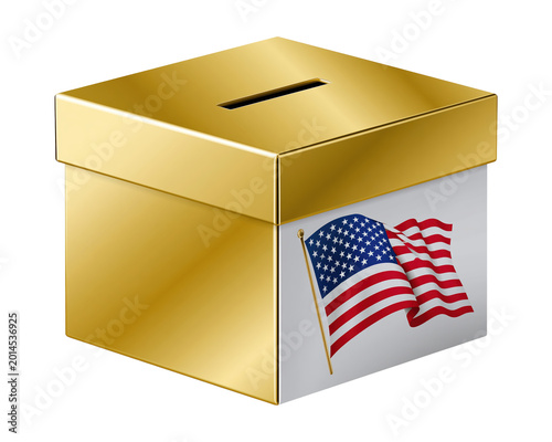 Golden ballot box with slot and waving American flag, symbolizing US elections, voting, and political participation