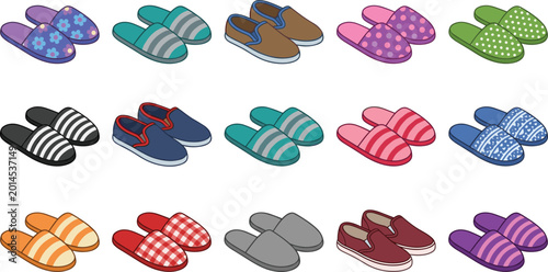 Colorful Indoor Slipper and House Shoe Icon Set Featuring Various Patterns Like Stripes Polka Dots and Florals for Home Comfort Graphic Designs