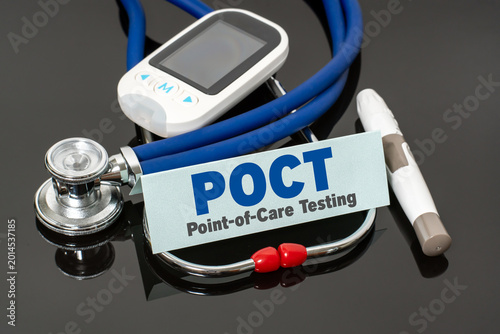 POCT Point of Care Testing Concept With Glucose Meter and Stethoscope
