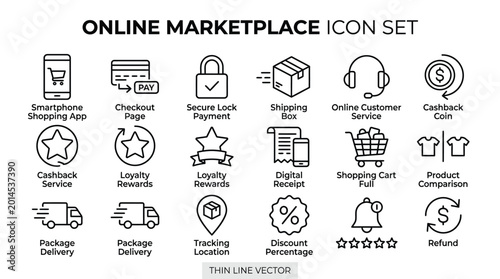 A comprehensive thin line vector icon set illustrating various concepts of an online marketplace and e-commerce services.