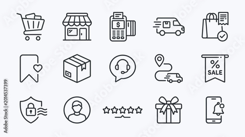 A comprehensive set of line icons representing various aspects of e-commerce, online shopping, delivery, customer service, and secure transactions.