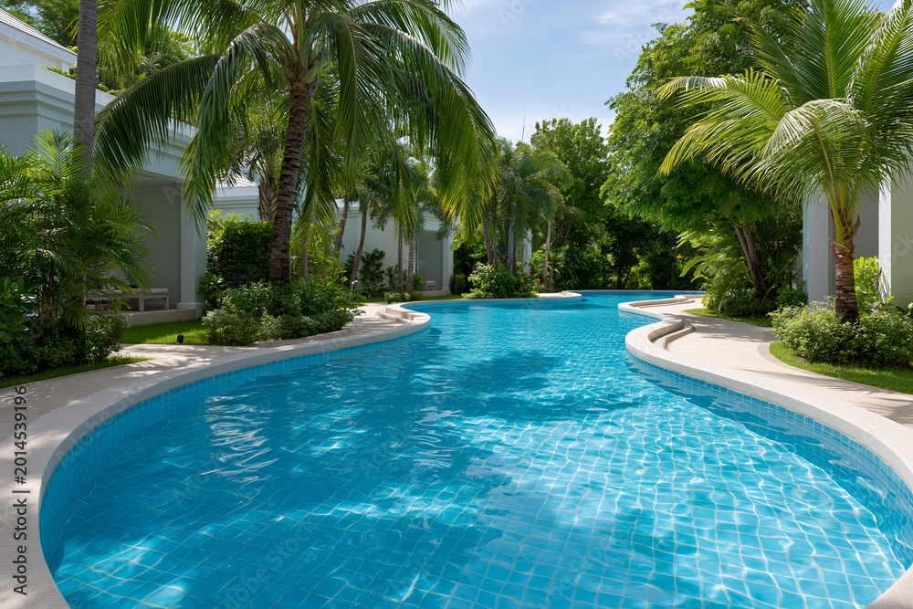 Fototapeta premium Crystal-clear pool curves through lush tropical greenery