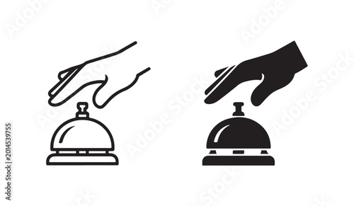 Foto Hand pressing service bell icon for hotel reception desk calling for customer assistance