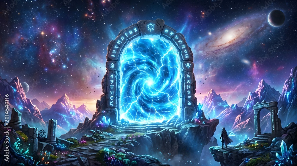 Obraz premium Mystical Cosmic Gateway Ancient Stone Portal Glowing Blue Energy in a Fantasy World