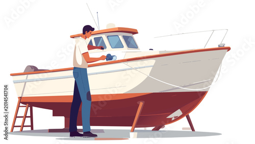 Male worker painting and repairing the hull of a boat or fishing vessel on dry land at a boatyard. Flat design vector illustration.