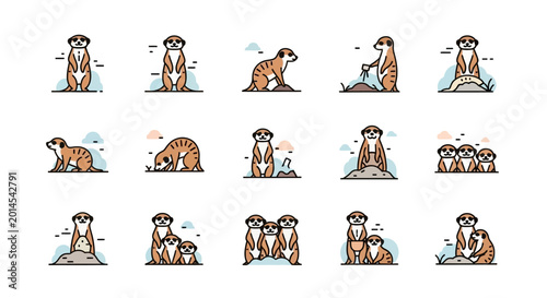 Tableau sur toile Cartoon meerkat icons set various poses and actions illustrated