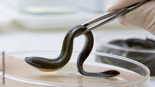 Medicinal leech clinical therapy handling procedure for vascular or post-surgical treatment. A clinician uses forceps to lift a live medicinal leech.