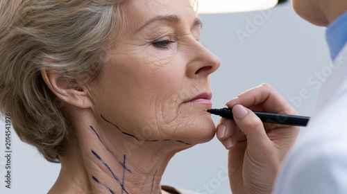 Preoperative neck lift platysmaplasty consultation for severe neck skin laxity and platysmal banding. A surgeon marks correction lines on an elderly patient's neck.