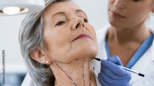 Preoperative neck lift platysmaplasty consultation for severe neck skin laxity and platysmal banding. A surgeon marks correction lines on an elderly patient's neck.