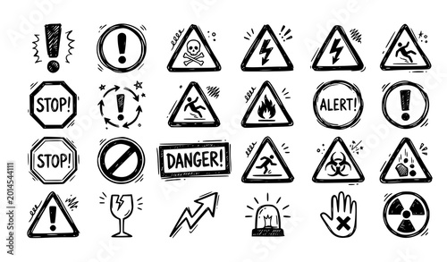 Free Download Sketch doodle alert and danger sign vector illustration set isolated on white background - GFXLoad