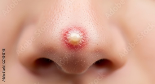 Close-up of a Pimple on a Human Nose with Redness and Inflammation.