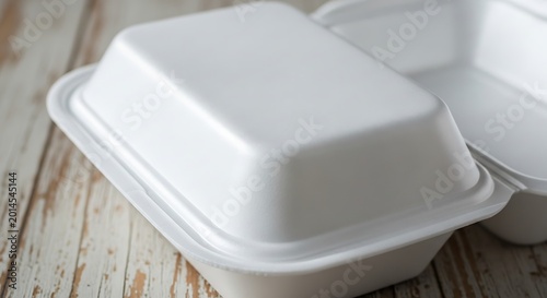 Close-up of a white disposable styrofoam food container on a wooden surface.