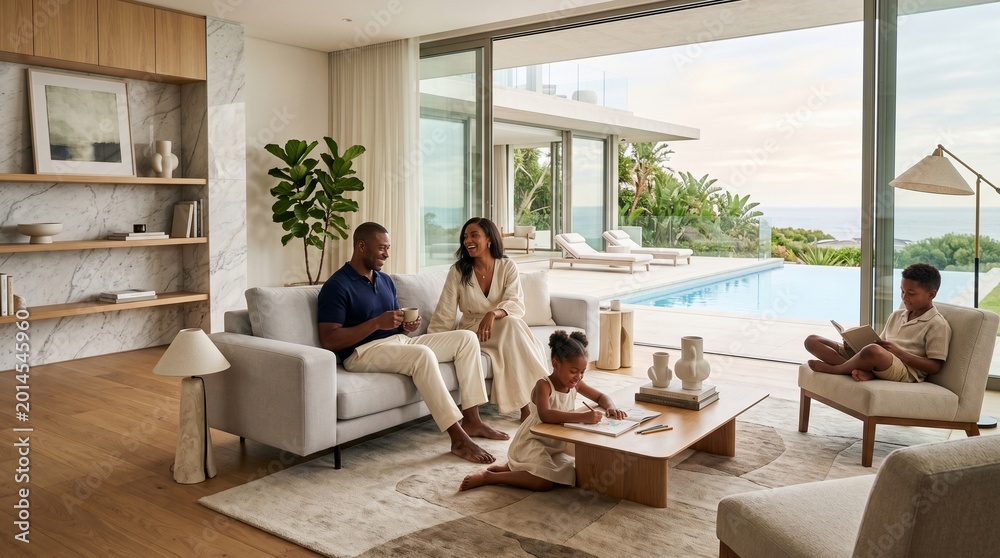 Fototapeta premium Happy African American Family Relaxing in a Luxurious Modern Living Room with a Swimming Pool and Ocean View