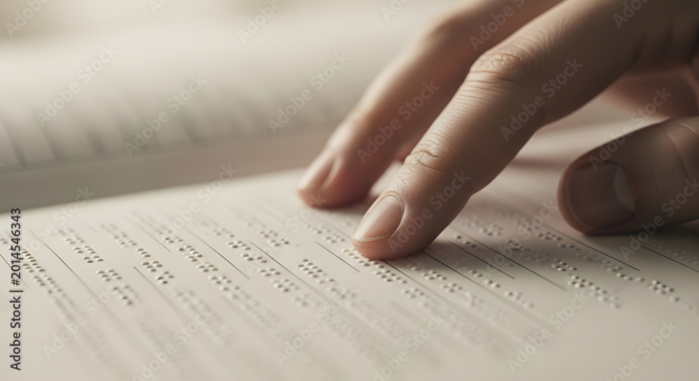 Obraz premium A poignant close-up showing a person's fingers gently gliding over a page of Braille text. 