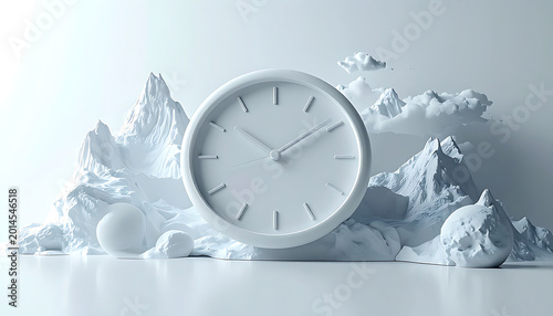 Abstract white clock face set against a backdrop of pixelated snowdrifts and clouds, symbolizing time and winter season, minimalist design