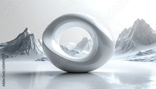 Abstract white torus sculpture in snowy mountain landscape with icy water reflection, abstract art, futuristic architecture concept