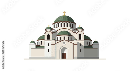 Large Orthodox Cathedral with Green Domes and Golden Crosses
