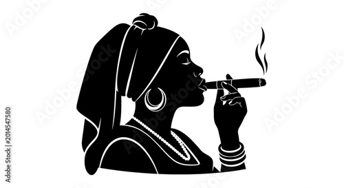 African woman with headwrap smoking cigar silhouette profile