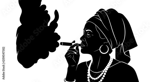 Silhouette of a woman with headwrap smoking a cigar