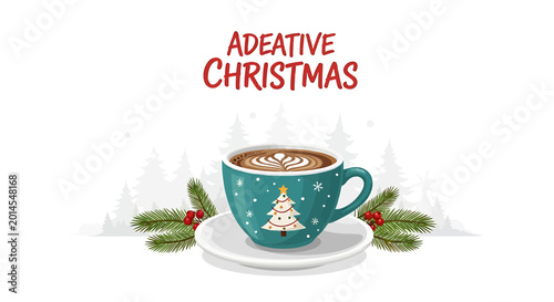 Festive Christmas Mug of Hot Coffee with Latte Art and Pine Branches