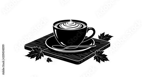 Hot coffee cup on wooden board with autumn maple leaves