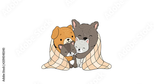 Cute dog family huddled together under a cozy blanket