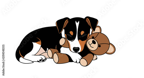 Cute sleeping puppy cuddling with a teddy bear toy