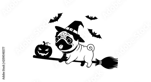 Halloween Witch Pug Flying on a Broomstick with Pumpkin and Bats