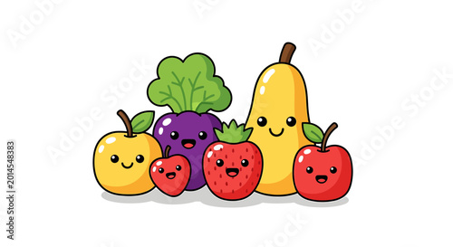 Cute Kawaii Fruit and Vegetable Characters with Happy Smiling Faces