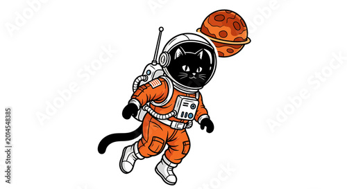 Black cat astronaut in orange suit floating near ringed planet