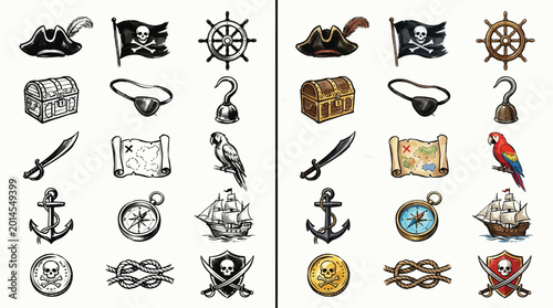Tableau sur toile Collection of pirate-themed icons and symbols, including a ship, treasure chest, and Jolly Roger flag
