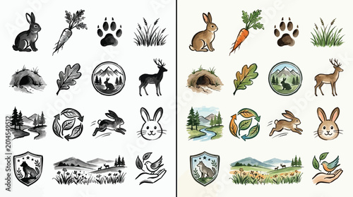 Tableau sur toile Collection of nature and animal icons in watercolor style, including rabbits, deer, carrots, paw prints, and environmental symbols
