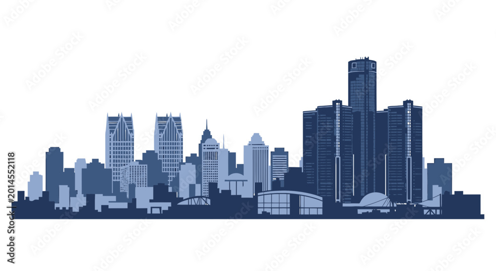 Fototapeta premium Detroit Michigan City Skyline Silhouette in Blue Tones
