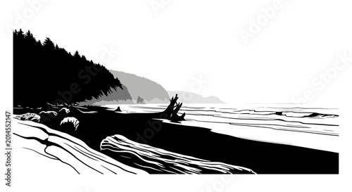 Rugged coastal beach with driftwood logs and evergreen forest hills
