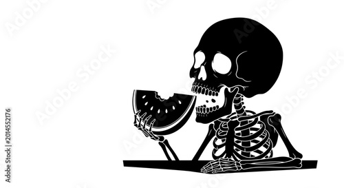 Skeleton silhouette eating a slice of watermelon fruit