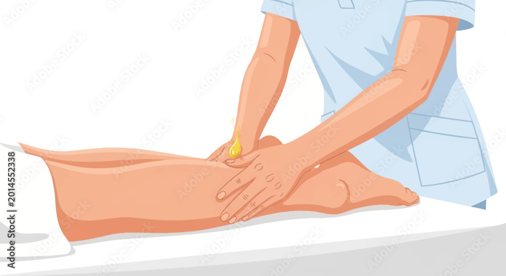 Fototapeta premium Close-up vector illustration of a professional therapist applying yellow oil to a person's lower leg and calf during a massage session on a white table in a wellness clinic.