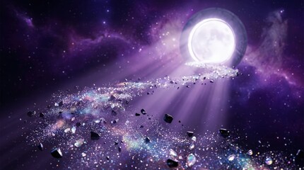 Papier peint photo Prune Fantasy cosmic landscape with a glowing moon and a sparkling asteroid path in a purple nebula  © Rahmat 