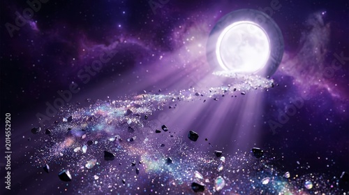 Fantasy cosmic landscape with a glowing moon and a sparkling asteroid path in a purple nebula