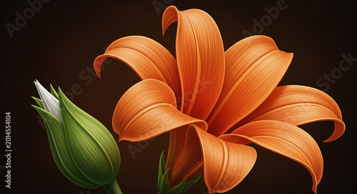 Orange lily flower and bud with detailed petals against dark background green