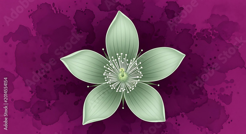 Pale green five petal flower with white stamen on deep purple watercolor background