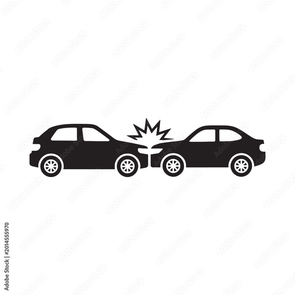 Fototapeta premium Car crash icon black silhouette of vehicles colliding