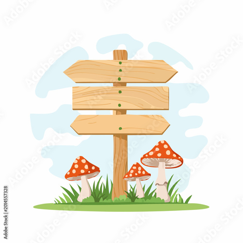 Wooden Signpost with Fly Agaric Mushrooms in Grass