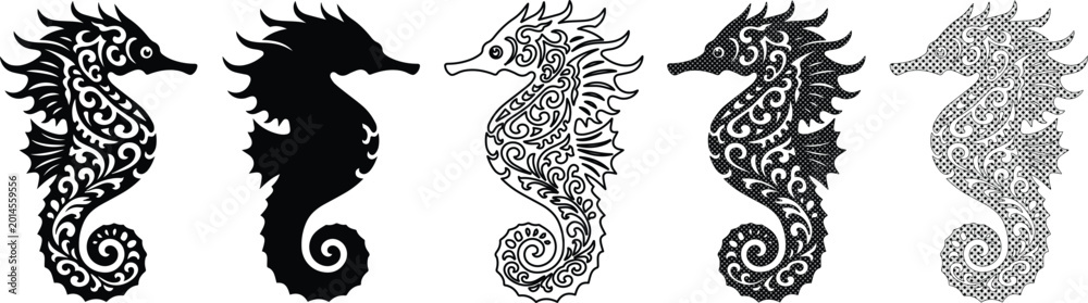 Fototapeta premium Intricate Seahorse Vector Collection. Decorative marine animal silhouettes, elegant sea creature illustrations, black and white ocean life graphics for design projects.