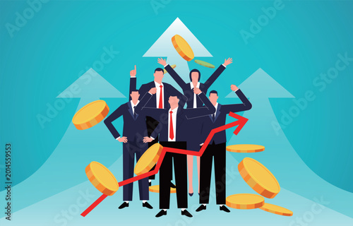 Business growth, professional growth and development, successful business teams. Team members cheering at the forefront of growth